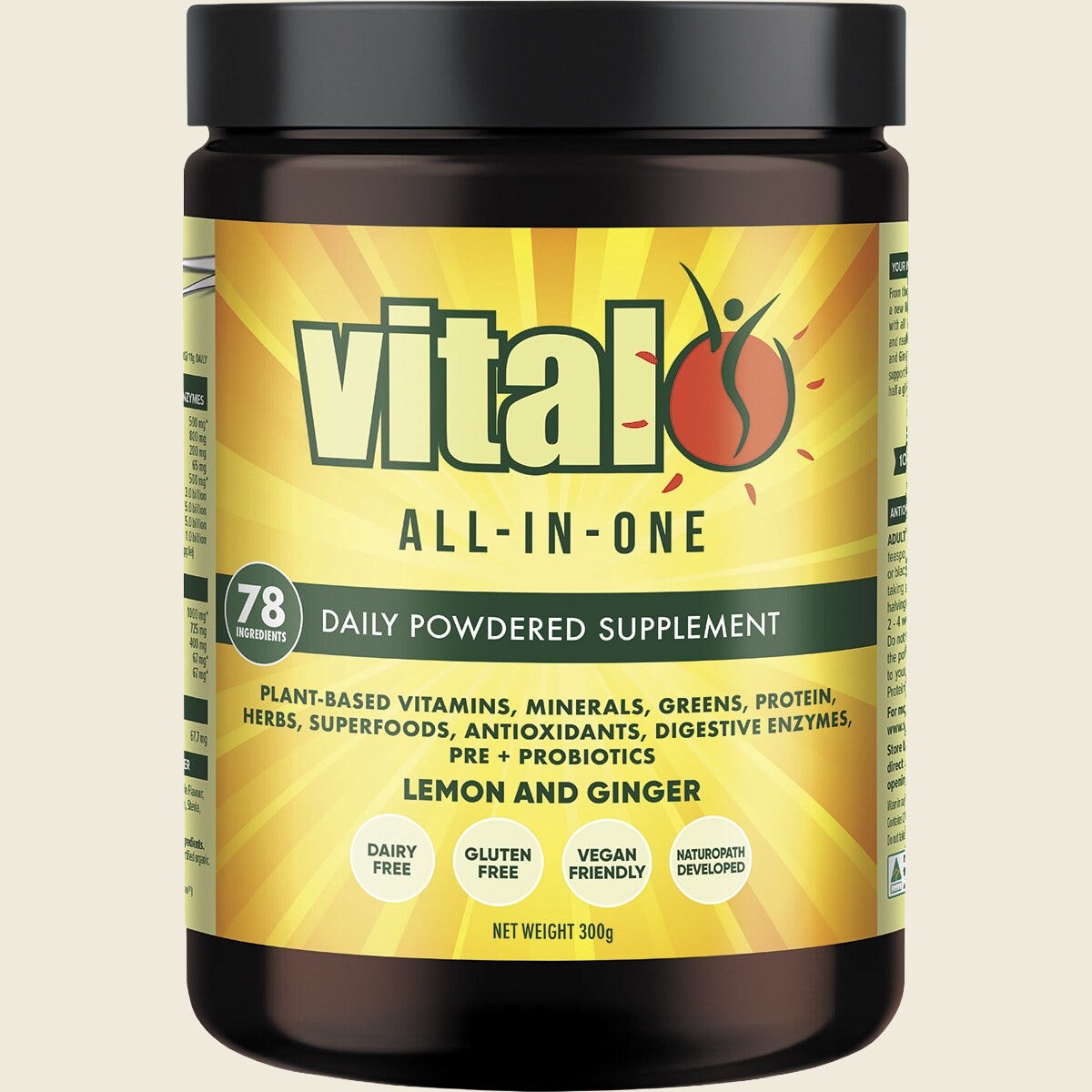 300g tub of Vital All-In-One Lemon & Ginger supplement featuring 78 ingredients for detox and immune support.