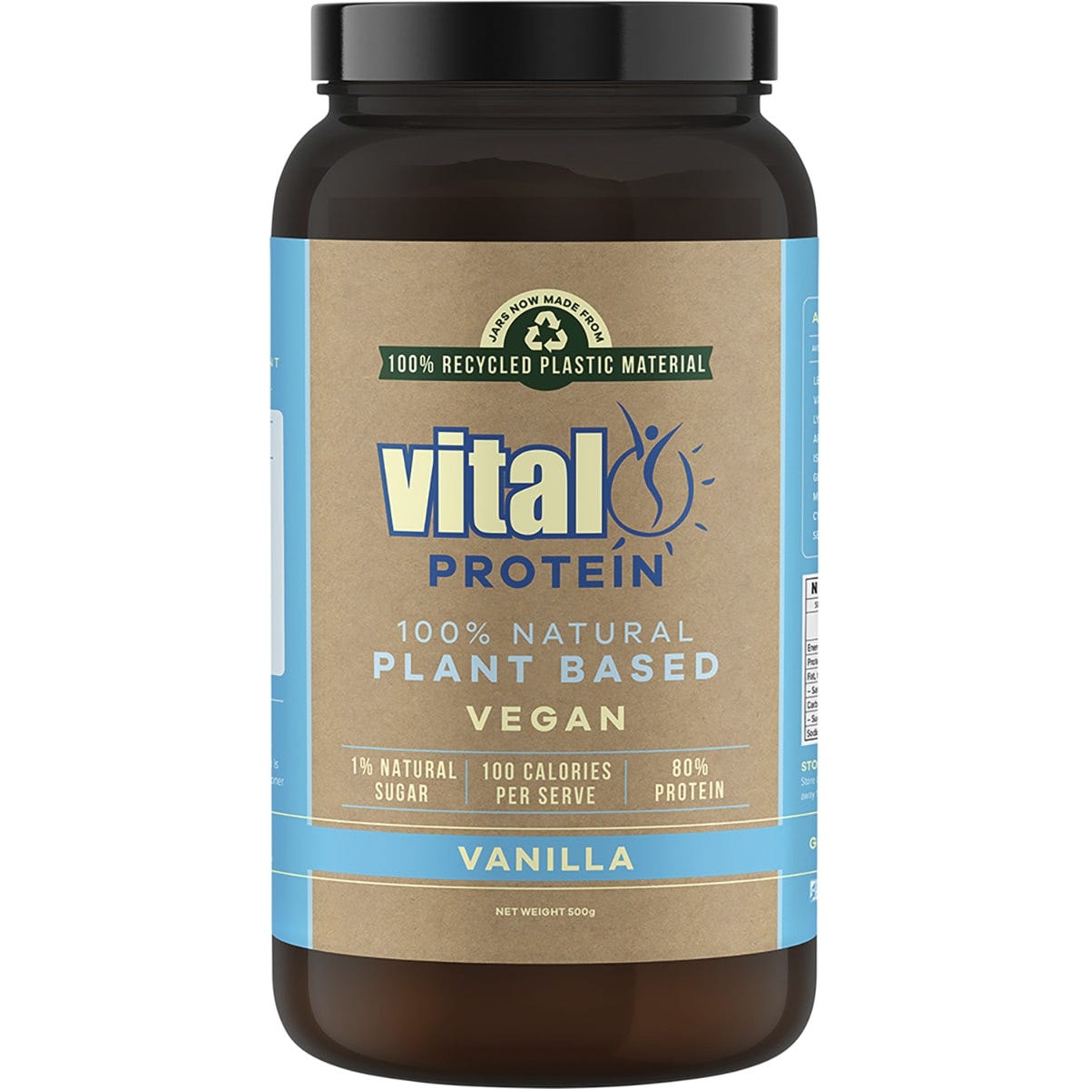 500g tub of Martin and Pleasance Vital Protein Vanilla Pea Protein Isolate with botanical graphics on a white background.