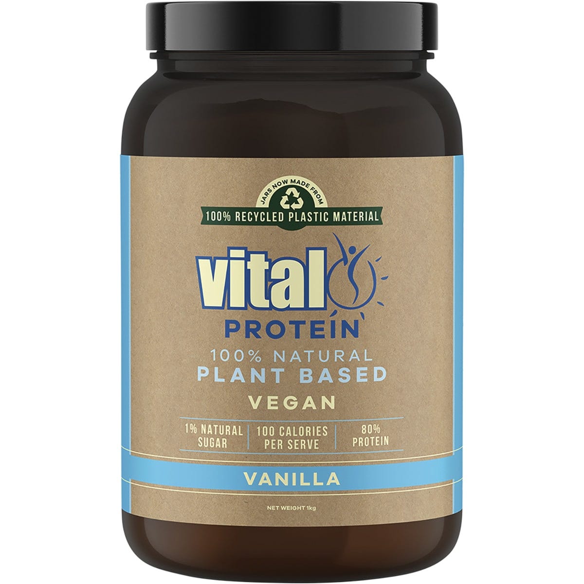 1kg tub of Martin and Pleasance Vital Protein Vanilla pea protein isolate with a yellow and white label.