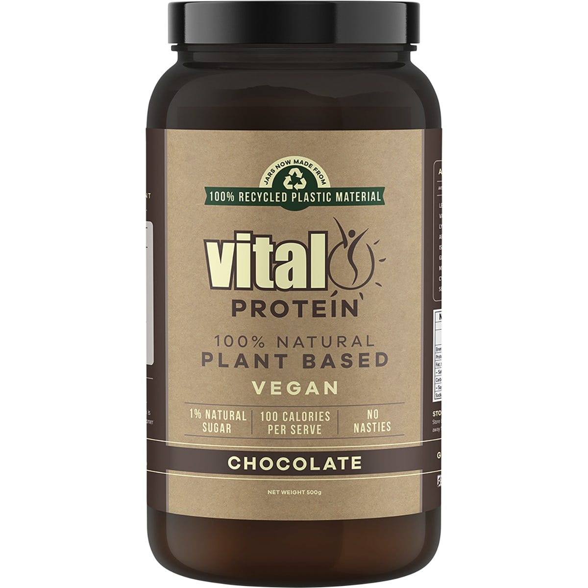 500g tub of Martin and Pleasance Vital Chocolate Pea Protein Isolate with European golden peas on a white background.