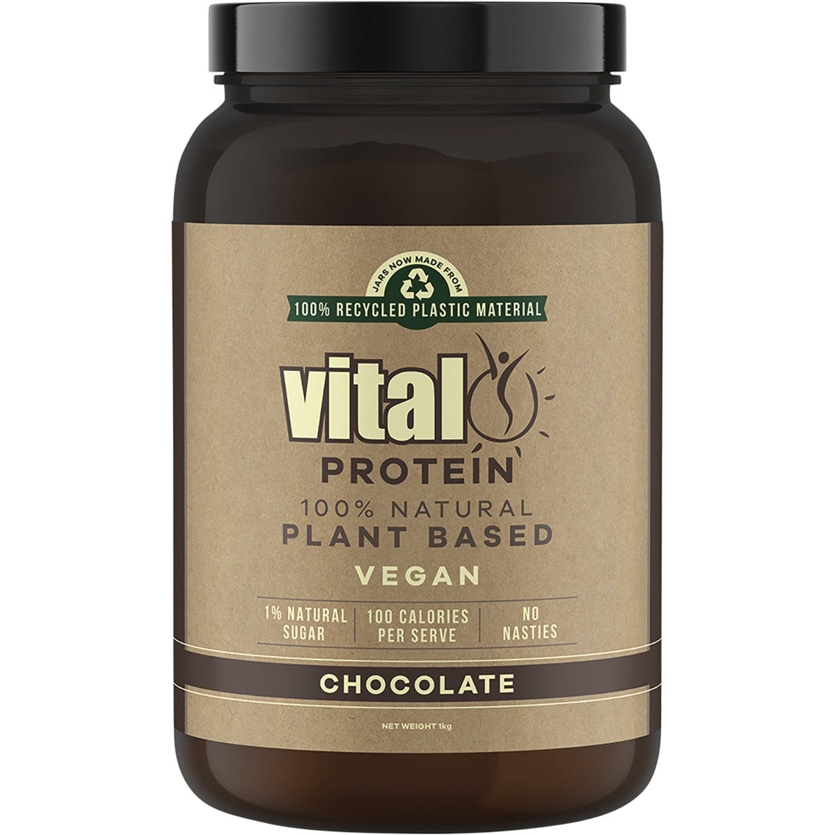 1kg tub of Martin & Pleasance Vital Protein Chocolate Pea Protein Isolate with a brown label on a white background.
