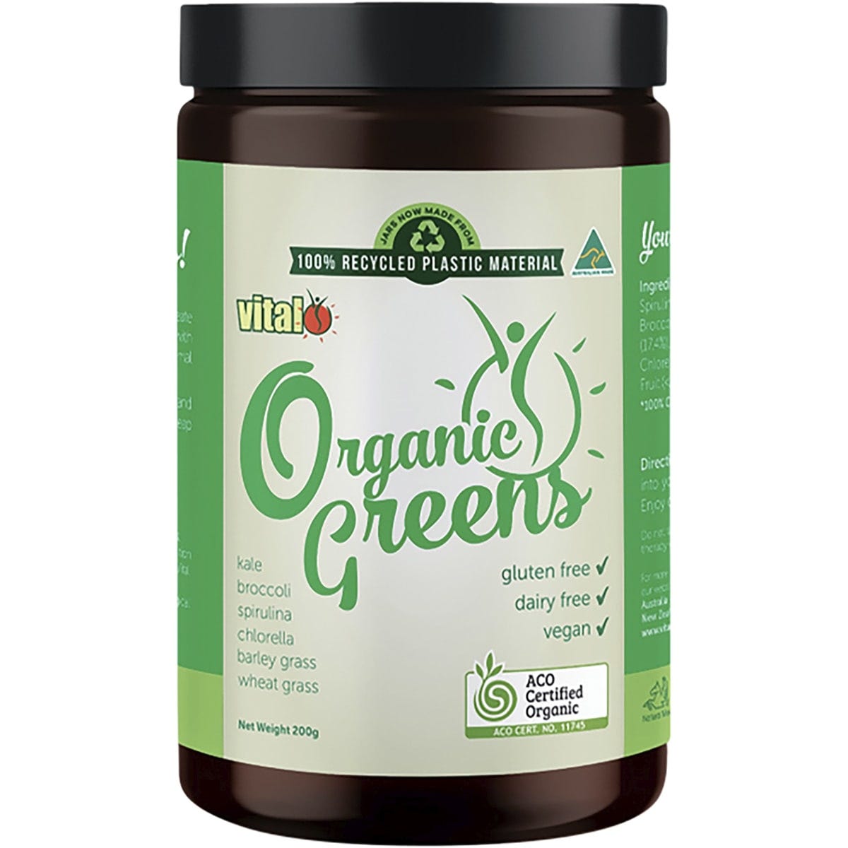 200g tub of Martin and Pleasance Vital Organic Greens powder on a white background with green botanical illustrations.