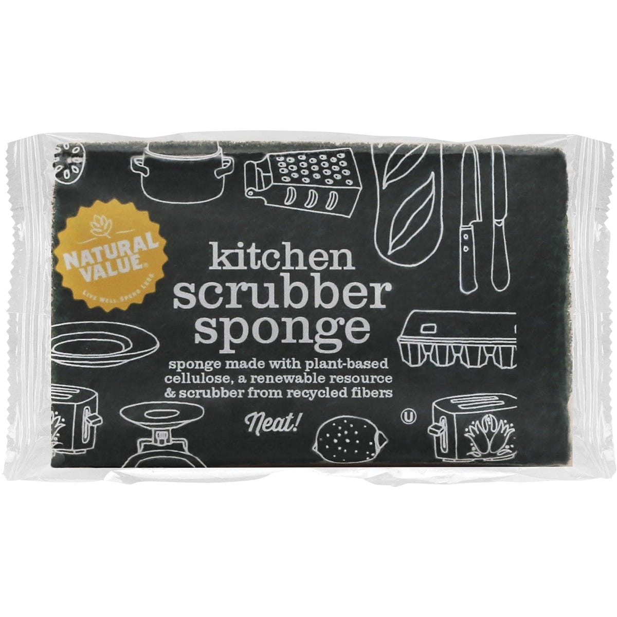 Dual-sided Natural Value kitchen scrubber sponge with a yellow cellulose side and a dark green textured fiber side.