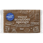 Natural Value Walnut Scrubber Sponge with a yellow cellulose side and a brown crushed walnut shell scrubbing side.