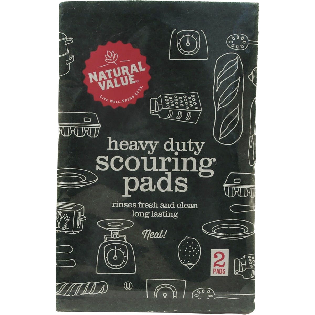 Natural Value Heavy Duty Scouring Pads 2 pack featuring two green rectangular scrubbing pads in clear plastic packaging.