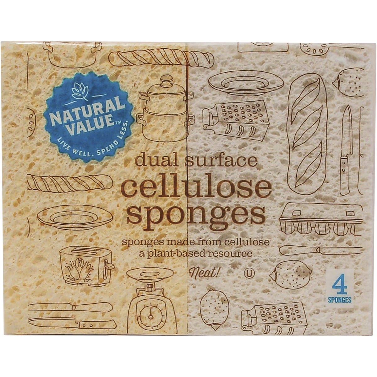 4-pack of Natural Value Dual Surface Cellulose Sponges in clear packaging with a white and green label.