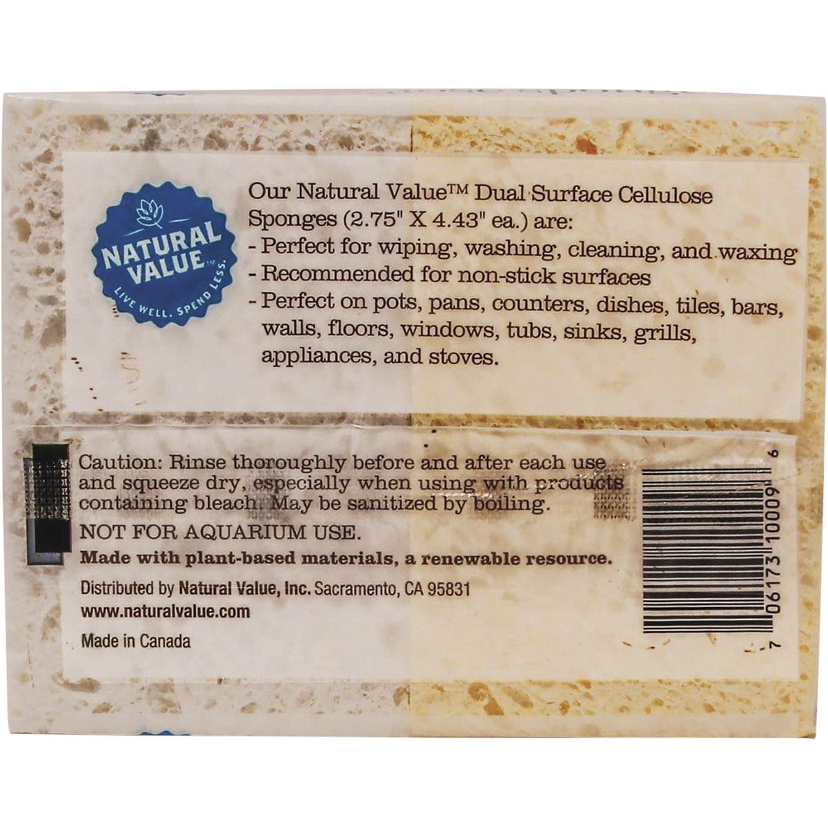 Back of Natural Value 4-pack Cellulose Sponges packaging with product information and usage instructions.