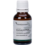 25ml bottle of Vrindavan 100% Eucalyptus Essential Oil with a white label and green text on a white background.