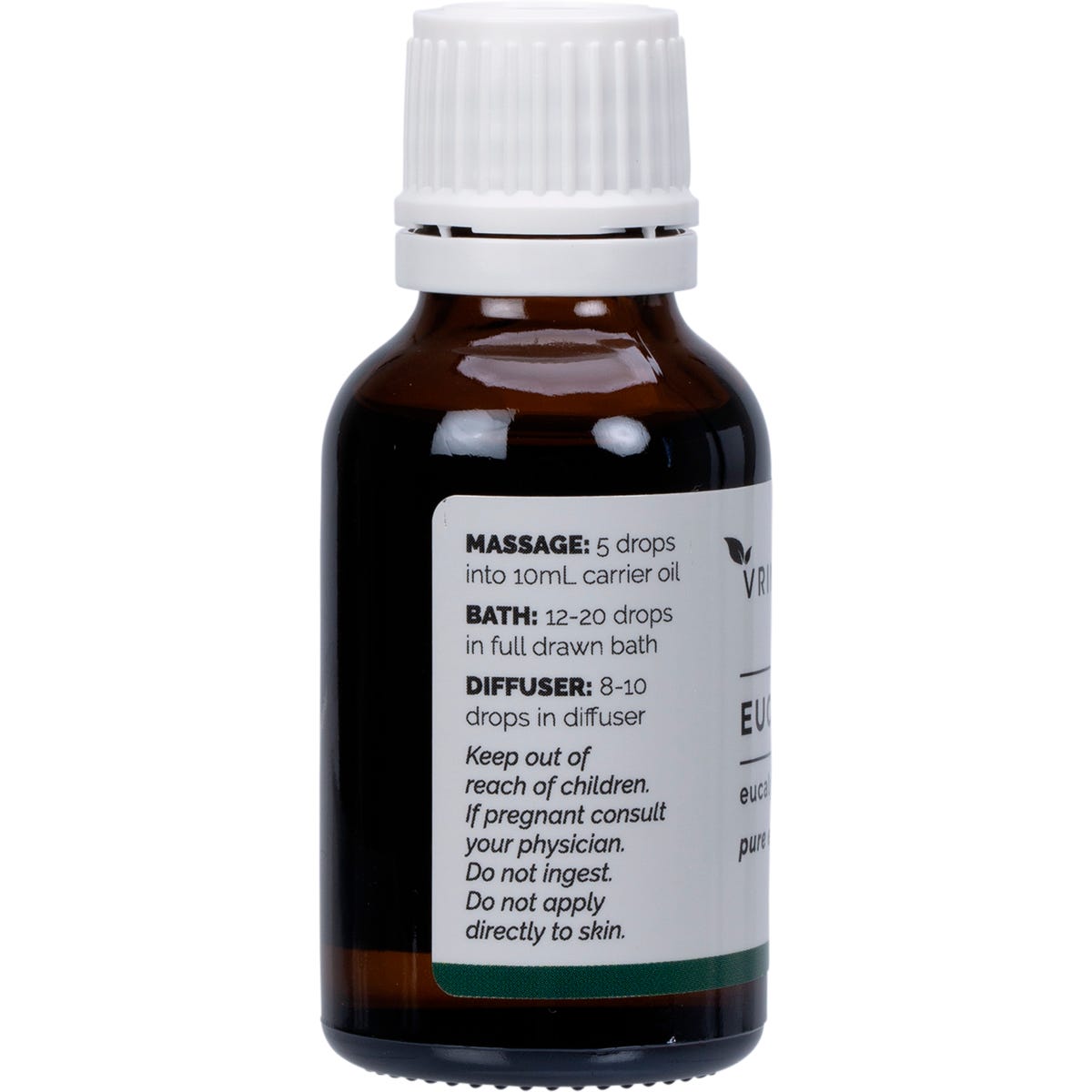Left side of 25ml Vrindavan Eucalyptus Essential Oil bottle showing usage instructions and Australian made logo.