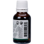 Right side of 25ml Vrindavan Eucalyptus Essential Oil bottle showing ingredients, barcode, and product information.
