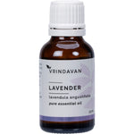 25ml bottle of Vrindavan 100% Lavender Essential Oil with a black dropper cap and purple botanical label.