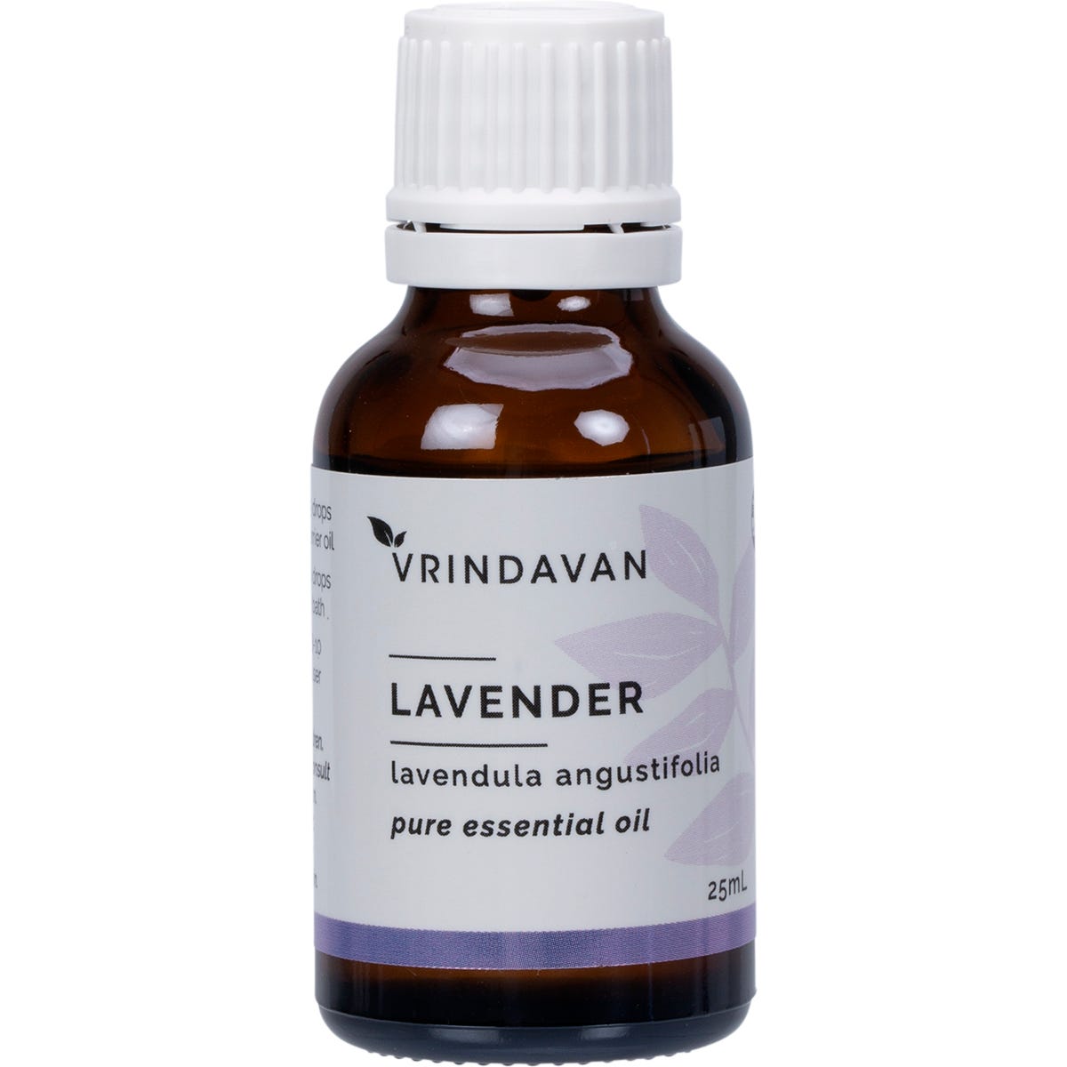 25ml bottle of Vrindavan 100% Lavender Essential Oil with a black dropper cap and purple botanical label.
