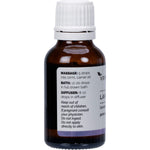 Side view of Vrindavan 25ml Lavender Essential Oil bottle showing directions for use and purity information.