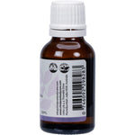 Right side of a Vrindavan 25ml Lavender Essential Oil bottle showing the barcode and purple floral label.