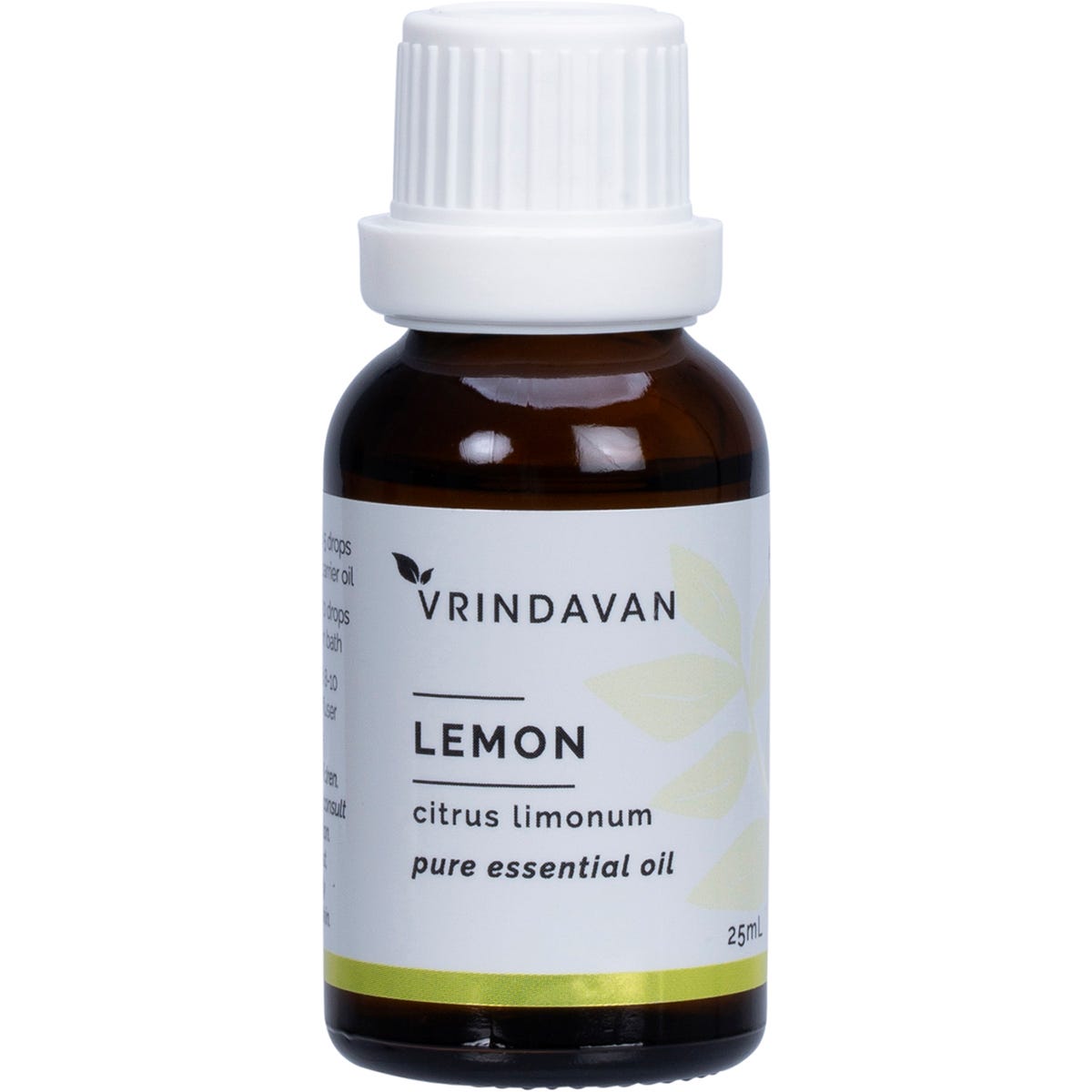 25ml bottle of Vrindavan 100% Pure Lemon Essential Oil with a yellow and white label and black cap.