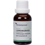 25ml bottle of Vrindavan 100% Pure Lemongrass Essential Oil with a black dropper cap and botanical label.