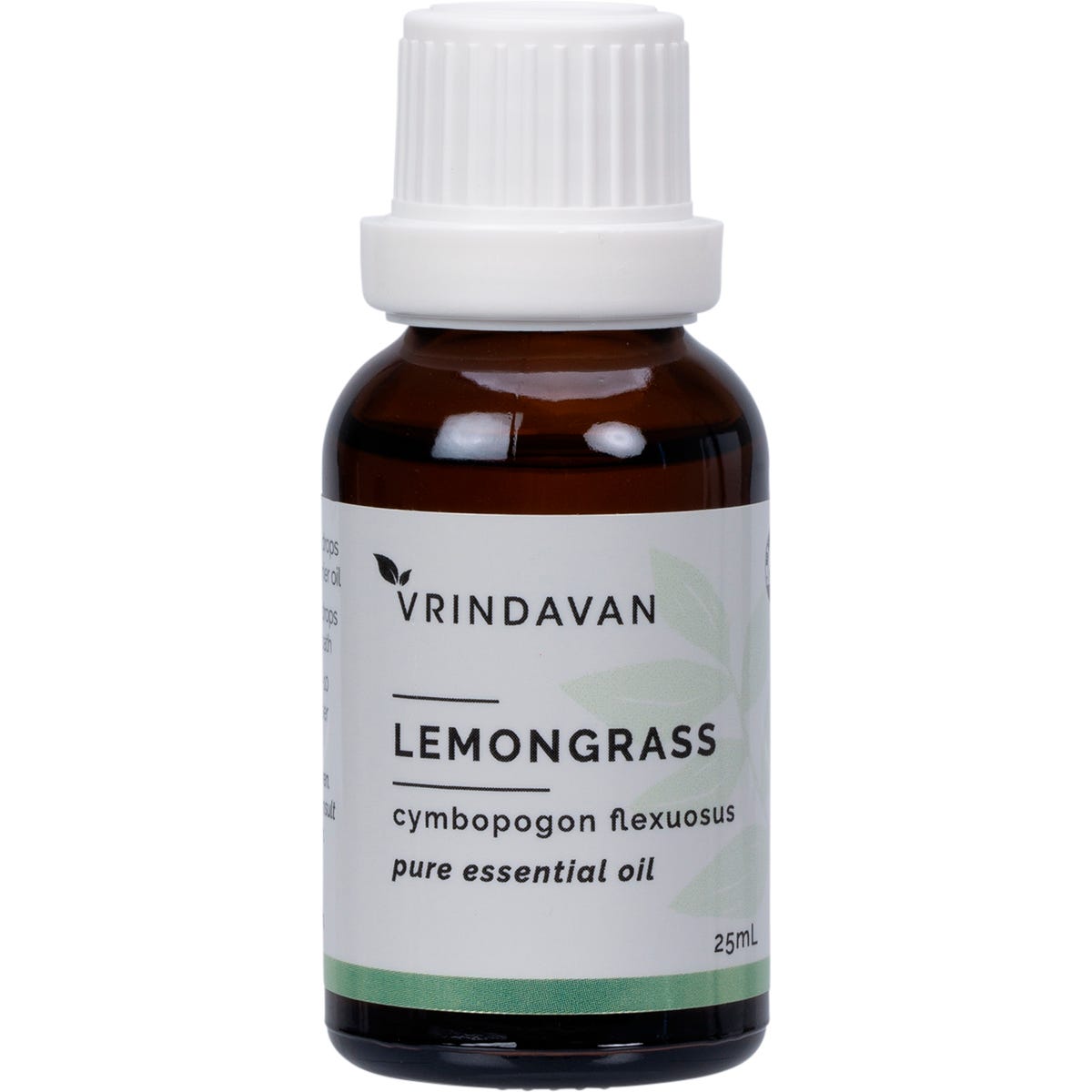 25ml bottle of Vrindavan 100% Pure Lemongrass Essential Oil with a black dropper cap and botanical label.