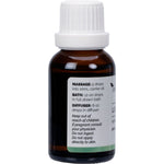 Side view of a 250ml Vrindavan Lemongrass Essential Oil bottle showing usage directions and safety cautions.