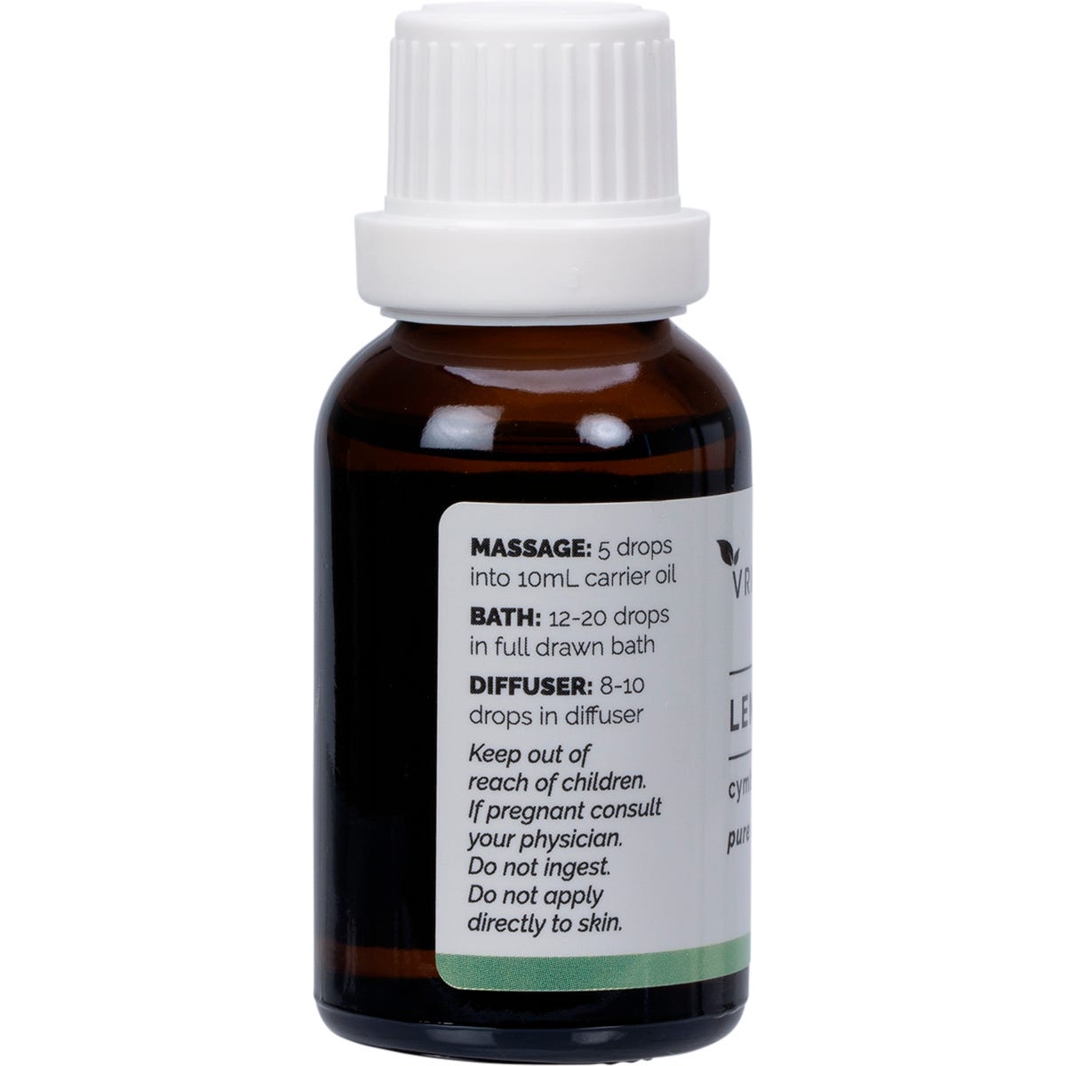Side view of a 250ml Vrindavan Lemongrass Essential Oil bottle showing usage directions and safety cautions.