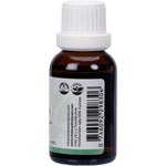 Right side of a Vrindavan Lemongrass Essential Oil bottle showing benefits, storage, and warning labels.