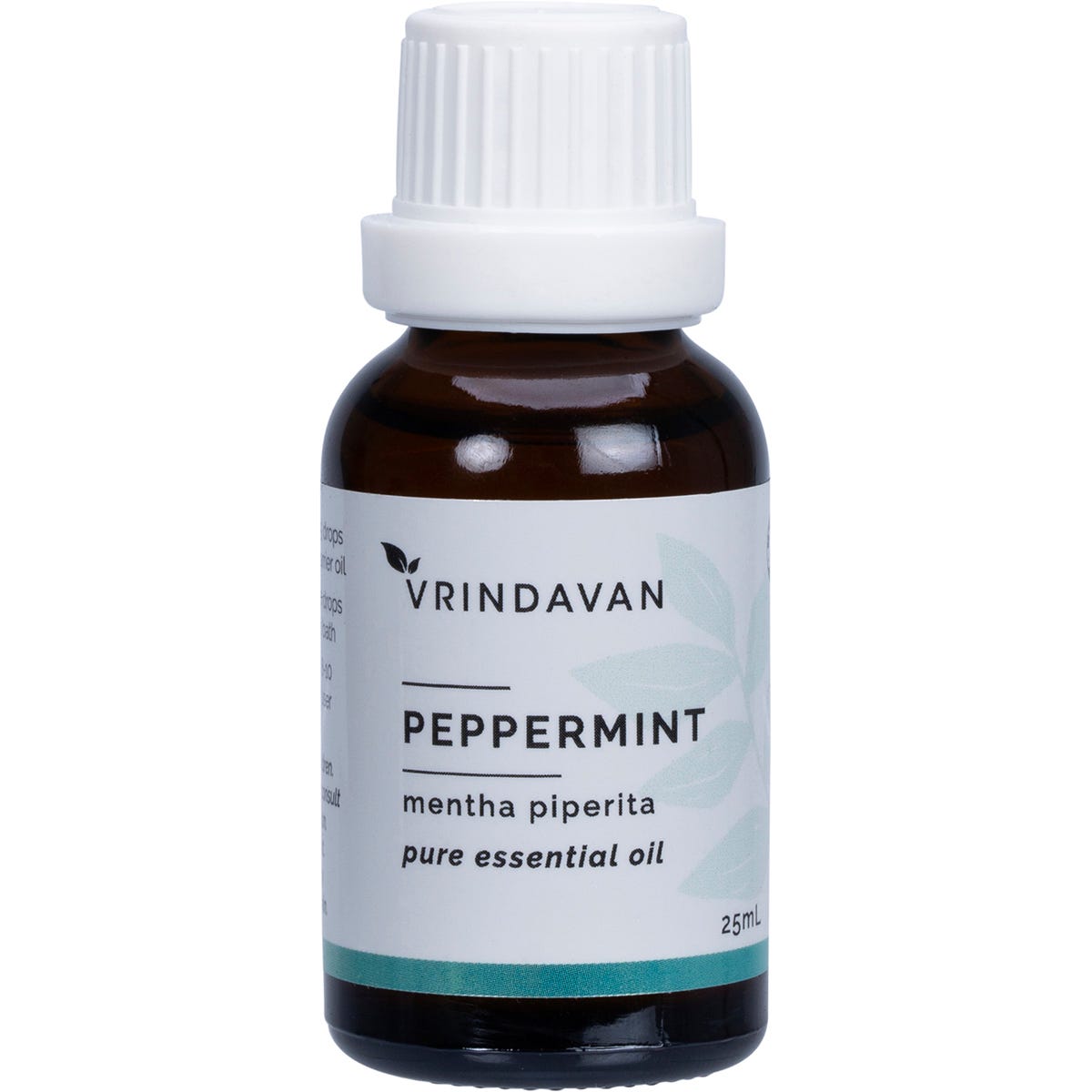25ml bottle of Vrindavan Peppermint Essential Oil with a green and white label and black dropper cap.