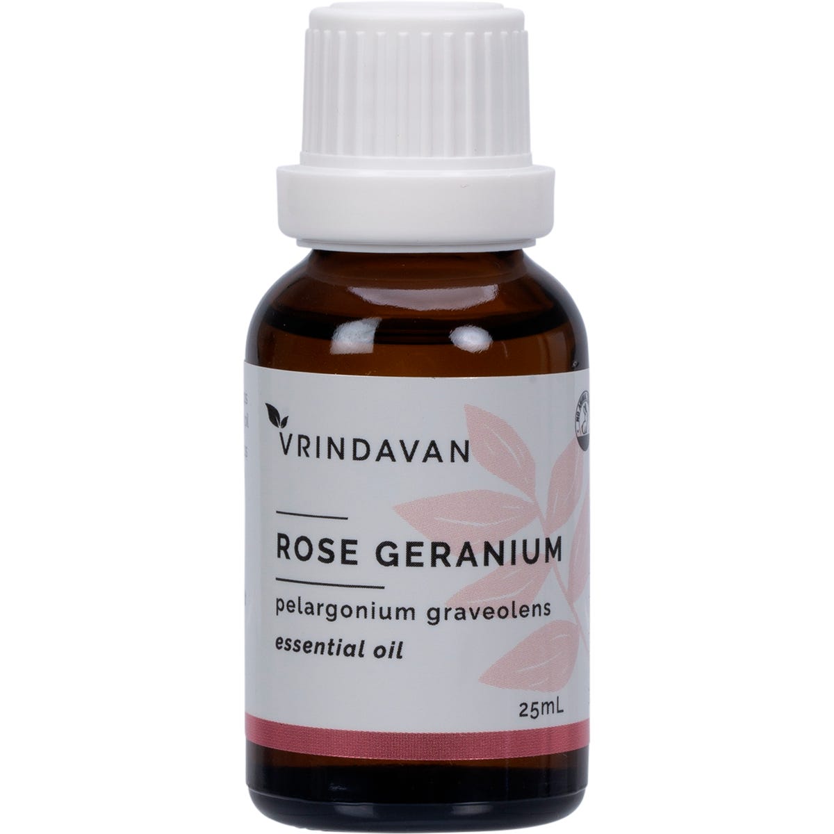 25ml bottle of Vrindavan 100% Rose Geranium Essential Oil with a black dropper cap and a floral-patterned label.