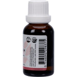 Right side of a 25ml bottle of Vrindavan Rose Geranium Essential Oil showing nutritional and usage information.