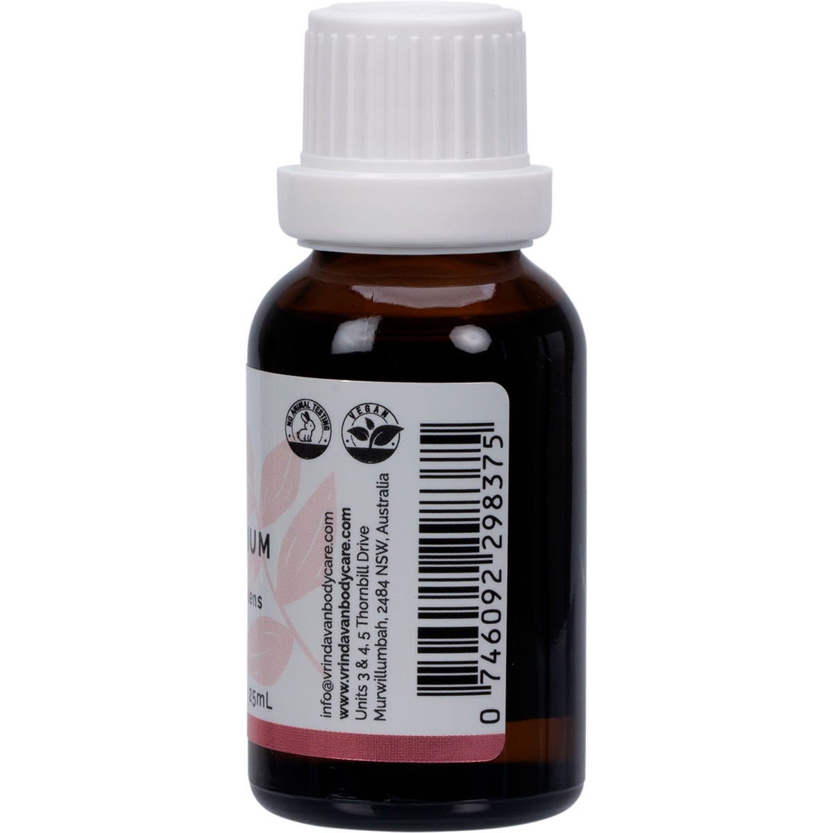 Right side of a 25ml bottle of Vrindavan Rose Geranium Essential Oil showing nutritional and usage information.