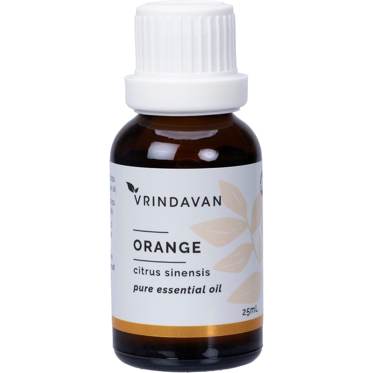 25ml bottle of Vrindavan 100% Pure Sweet Orange Essential Oil with a white label and orange illustrations.