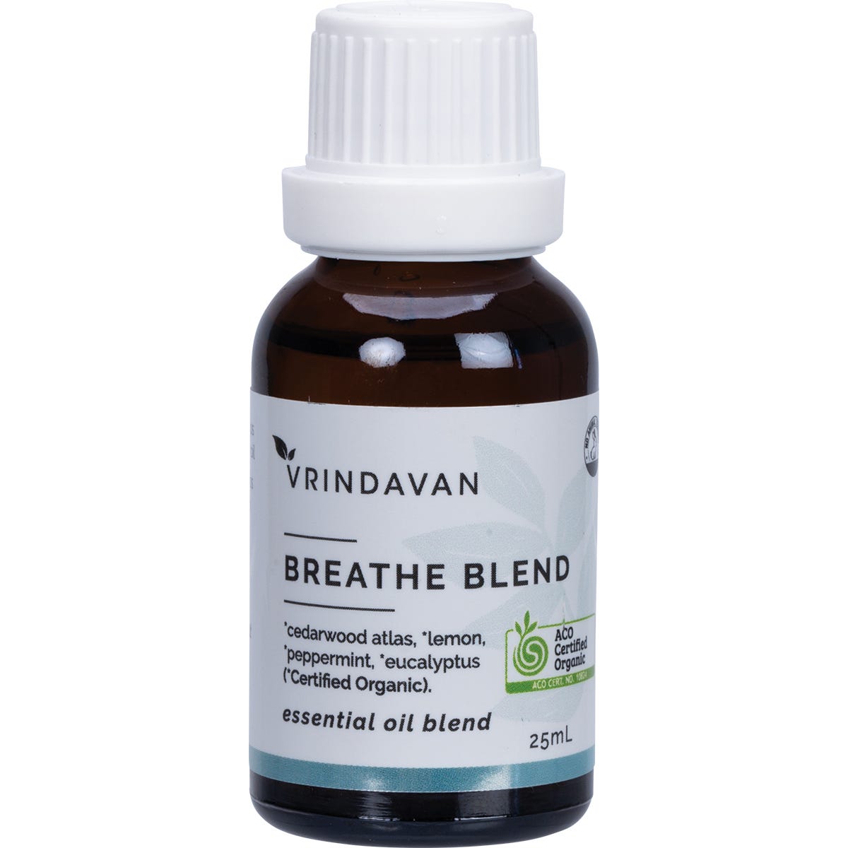 25ml bottle of Vrindavan Breathe Blend essential oil with a white label and green text, 100% pure and organic.