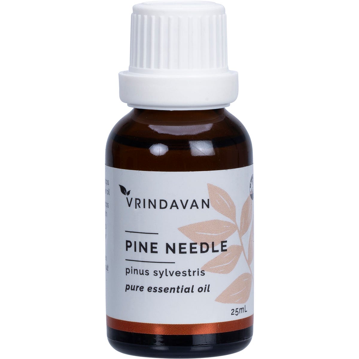 25ml glass bottle of Vrindavan 100% Pure Pine Needle Essential Oil with a white label and black dropper cap.