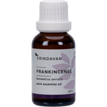 25ml bottle of Vrindavan 100% Frankincense Essential Oil with a black dropper cap on a white background.