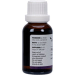 Left side of 25ml Vrindavan Frankincense Essential Oil bottle showing product benefits and usage instructions.