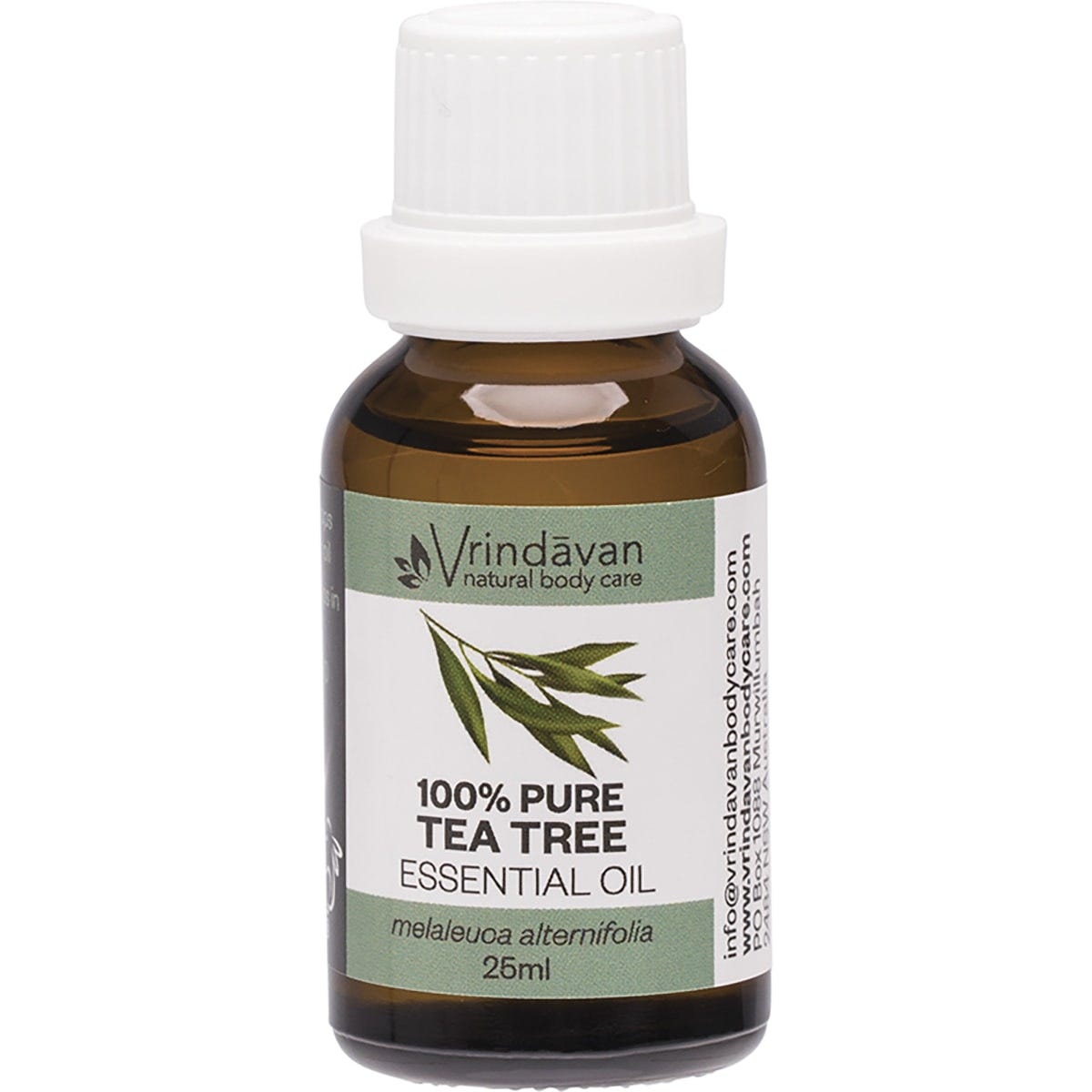 25ml amber glass bottle of Vrindavan 100% Tea Tree Essential Oil with a black dropper cap on a white background.