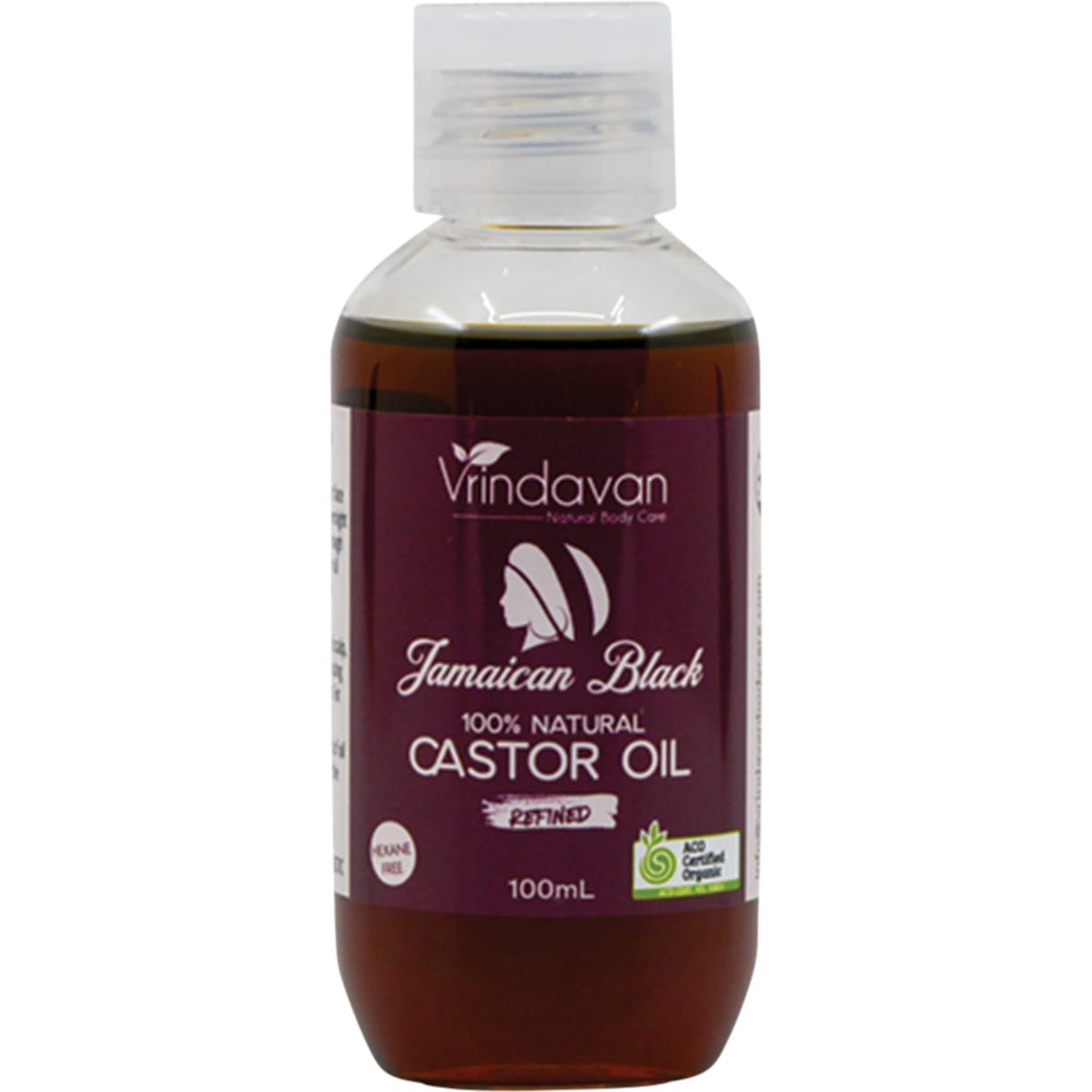 100ml bottle of Vrindavan Refined Jamaican Black Castor Oil for natural hair and skin care.