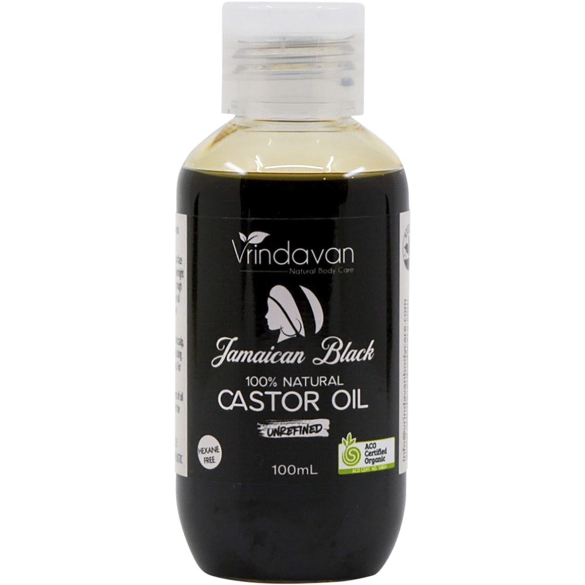 100ml glass bottle of Vrindavan unrefined Jamaican Black Castor Oil with a black pump and a botanical label.