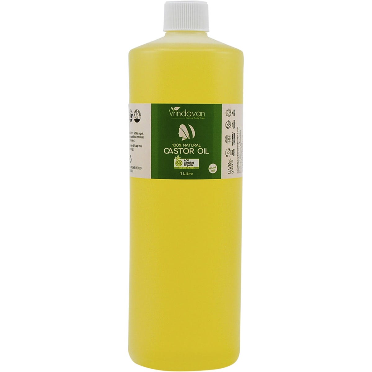 1L bottle of Vrindavan 100% natural cold-pressed castor oil, featuring a simple white label with black text.