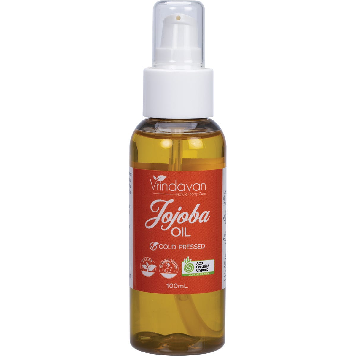 Vrindavan Jojoba Oil 100ml in an amber glass bottle with a white label and gold-colored oil inside.