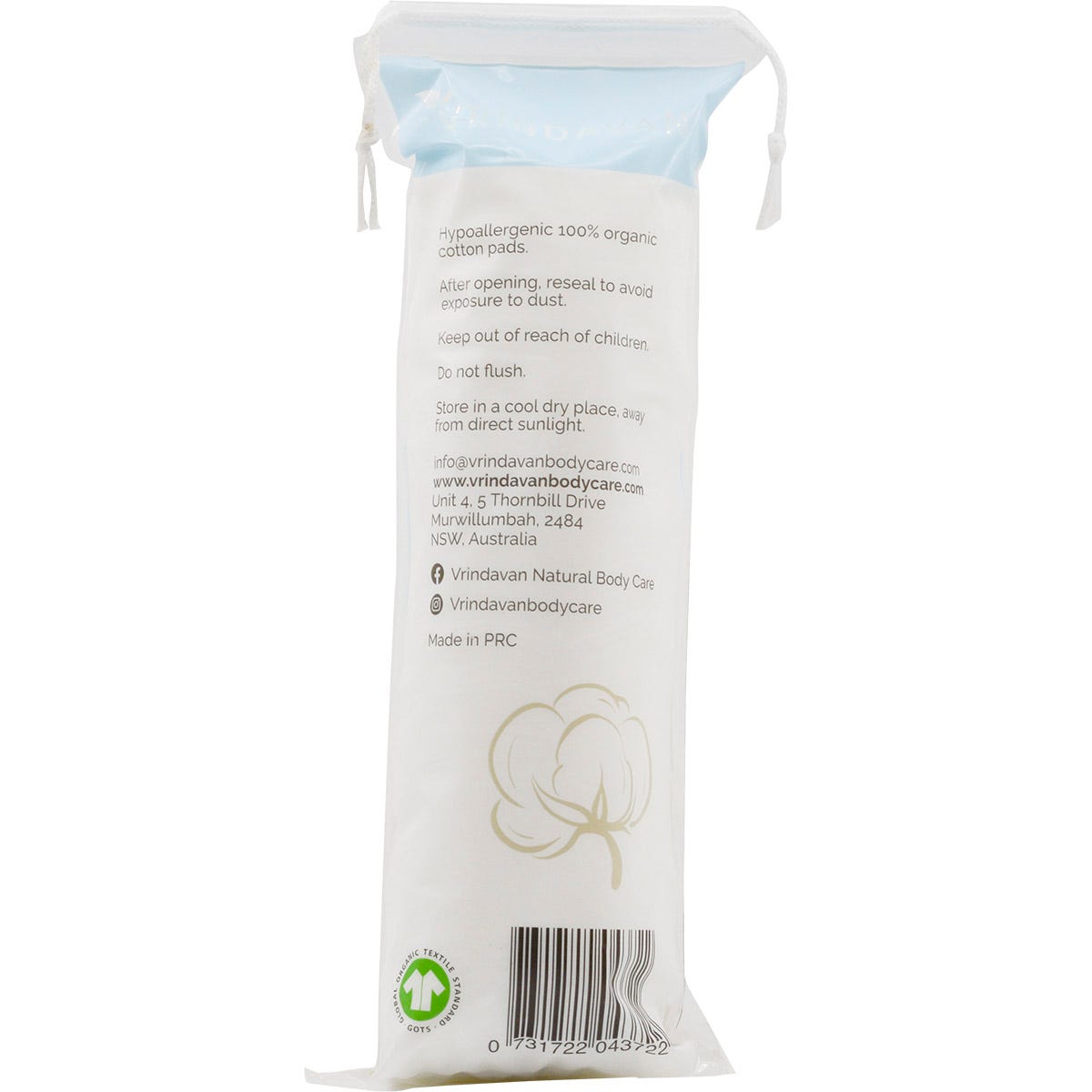 Back of 100-pack Vrindavan Organic Cotton Pads showing ingredients, barcode, and product specifications.