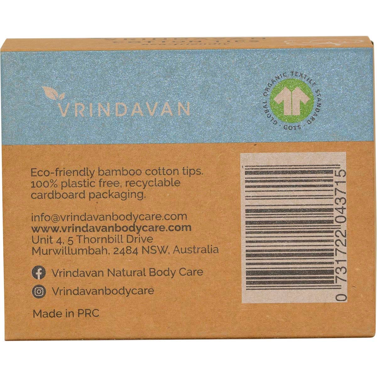 Back of Vrindavan Organic Cotton Tips 200pcs box with product features, ingredients, and a slide-out drawer design.