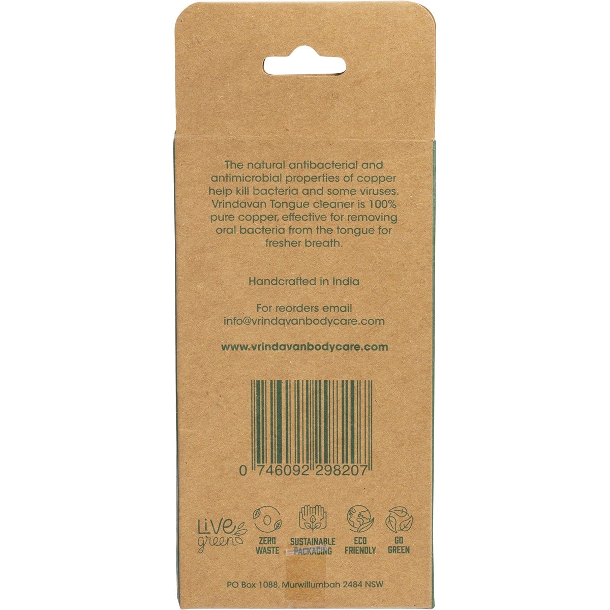 Back of Vrindavan copper tongue cleaner packaging with benefits, directions for use, and a product of India label.