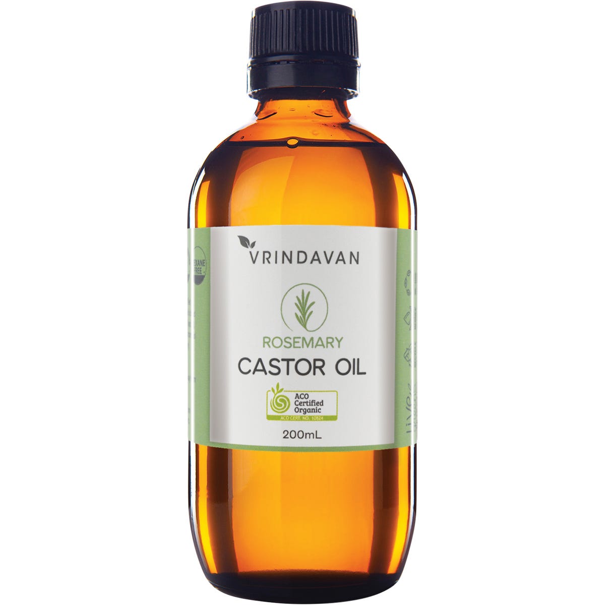 200ml amber glass bottle of Vrindavan Castor Oil and Rosemary with a black screw cap and simple white label.