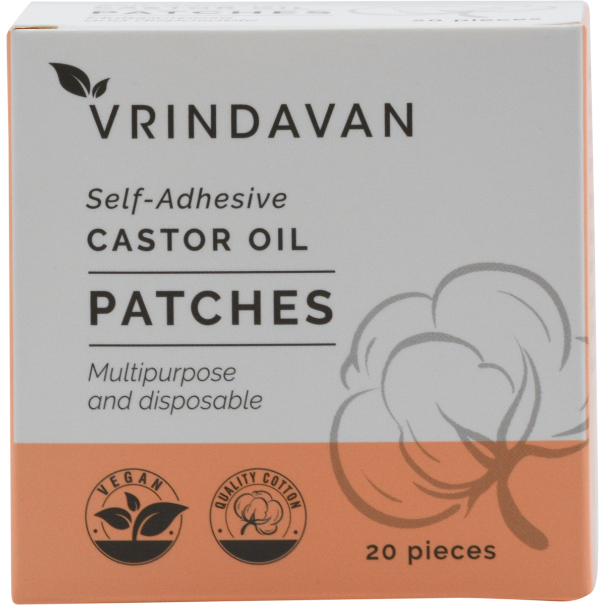 Box of 20 Vrindavan self-adhesive castor oil patches made of soft white cotton with a gentle adhesive backing.