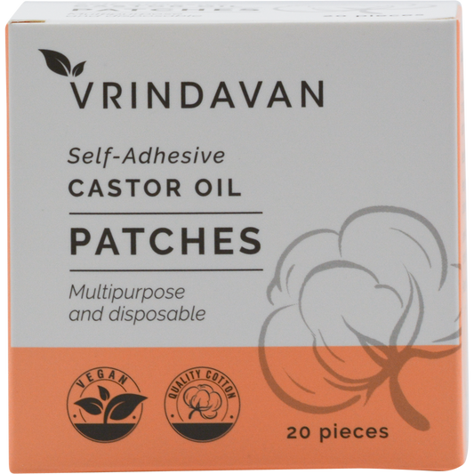 Box of 20 Vrindavan self-adhesive castor oil patches made of soft white cotton with a gentle adhesive backing.