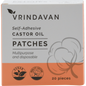 Box of 20 Vrindavan self-adhesive castor oil patches made of soft white cotton with a gentle adhesive backing.