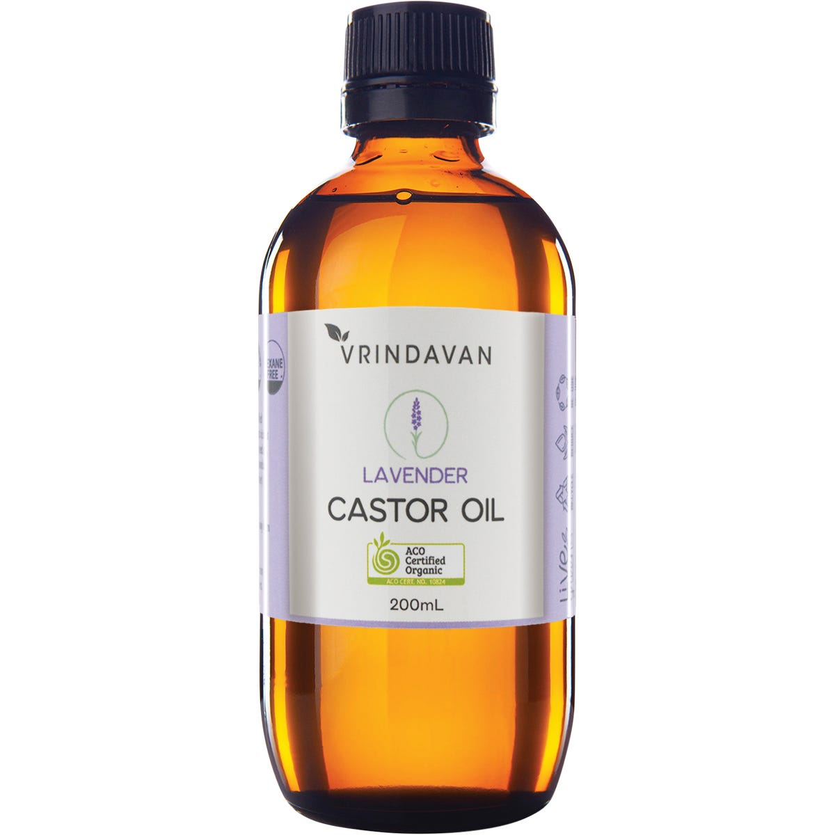 200ml amber glass bottle of Vrindavan Castor Oil and Lavender with a black screw cap and simple white label.