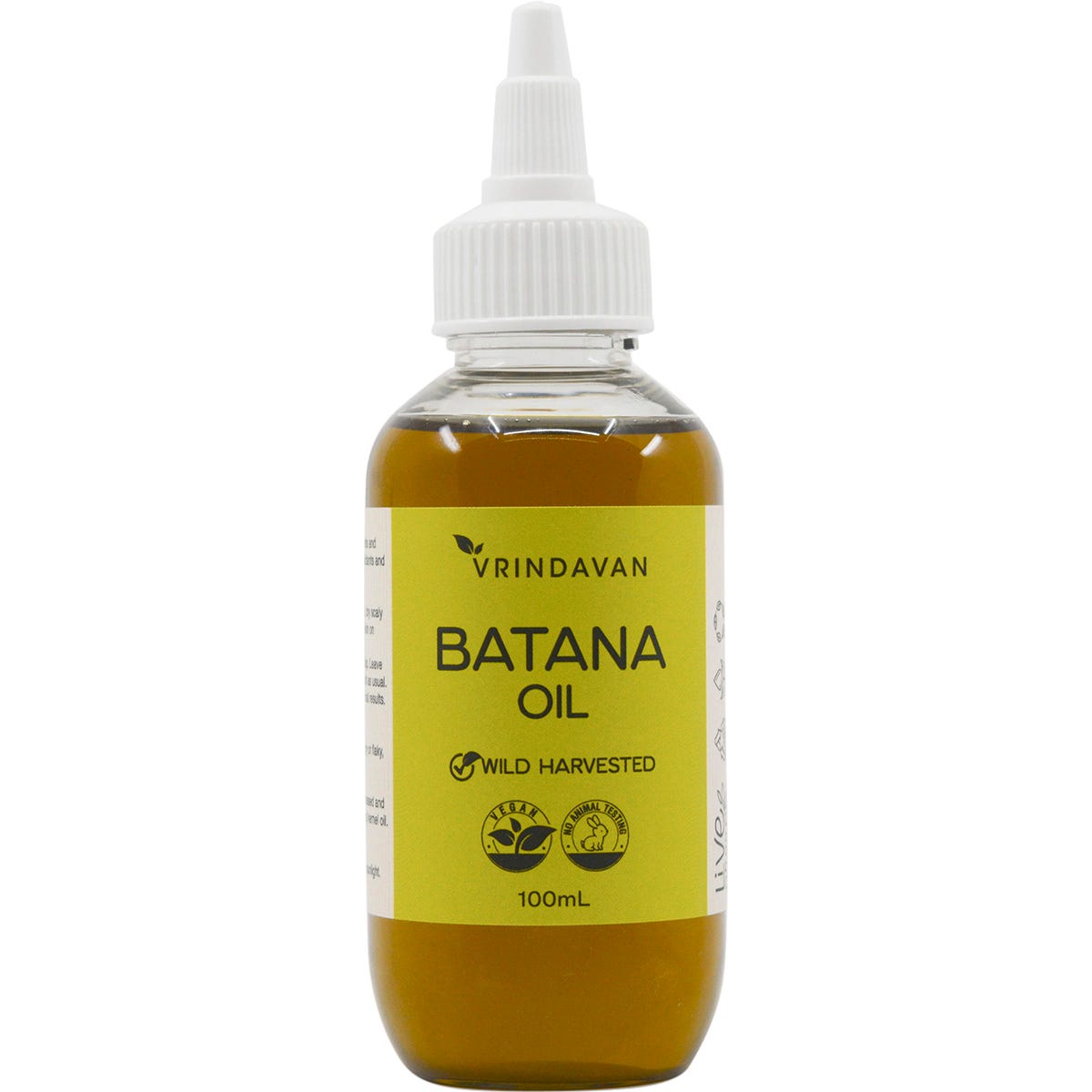 100ml clear plastic bottle of Vrindavan Batana Oil with a black pump lid and a clean, botanical-themed label.