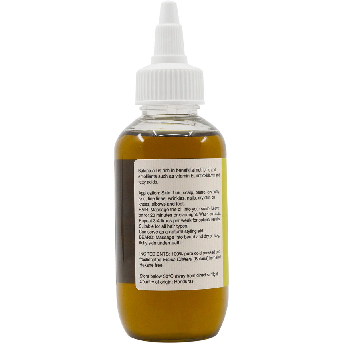 Left side of 100ml Vrindavan Batana Oil bottle showing usage instructions and botanical design on a white background.