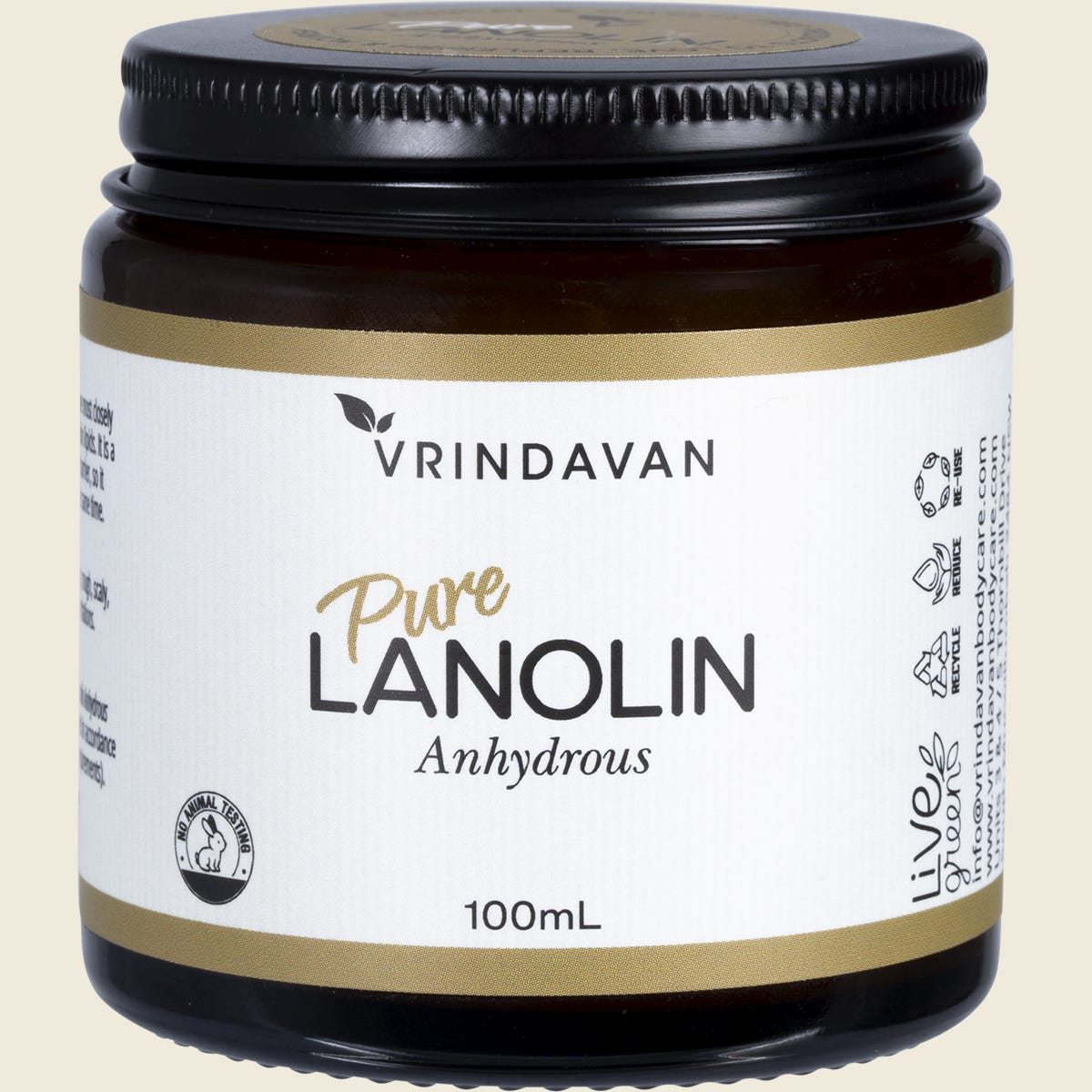 100ml tub of Vrindavan Pure Lanolin Anhydrous, a natural skin protectant for dry and cracked skin.