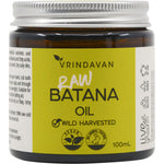 100ml glass jar of Vrindavan Raw Batana Oil featuring a dark amber, solid texture with botanical label illustrations.